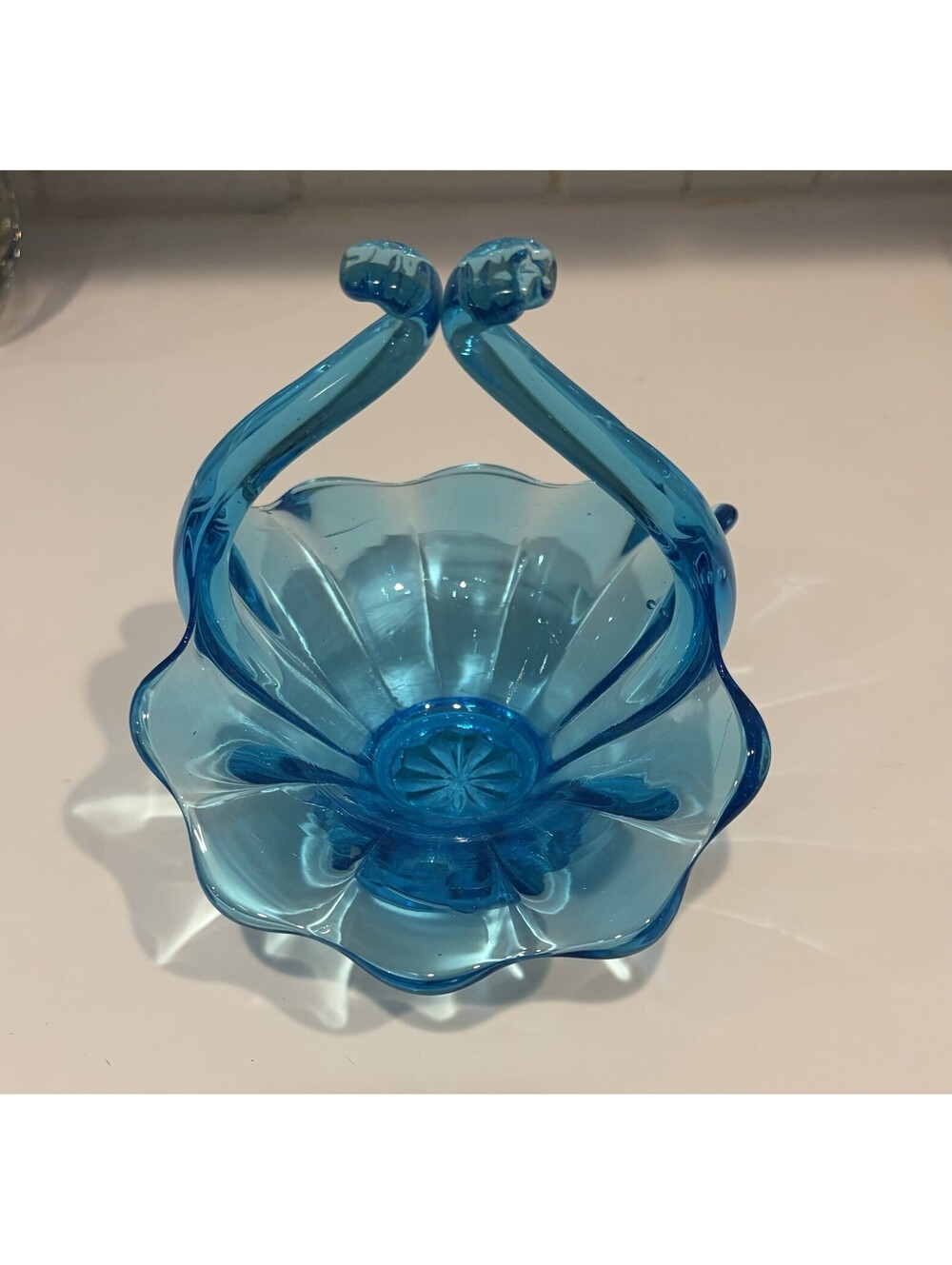 Vintage Aqua Blue Glass Basket Flower Bowl Scalloped Y2K Retro Art Glass Decor